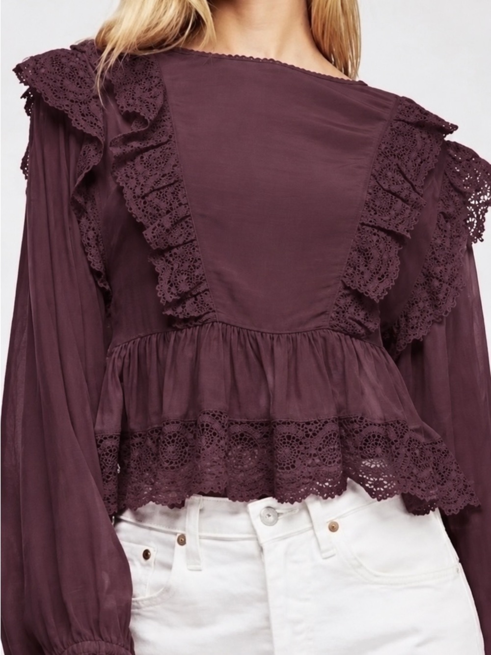 Free People Plum Victorian Lace Ruffle Peplum Crop Blouse S